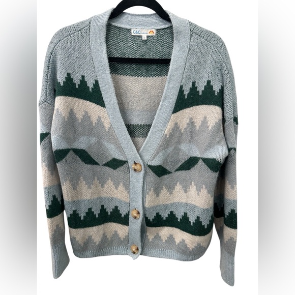 C&C California Sweaters - C&C California Katie Jacquard Mountain Aztec V-Neck Cardigan Sweater L